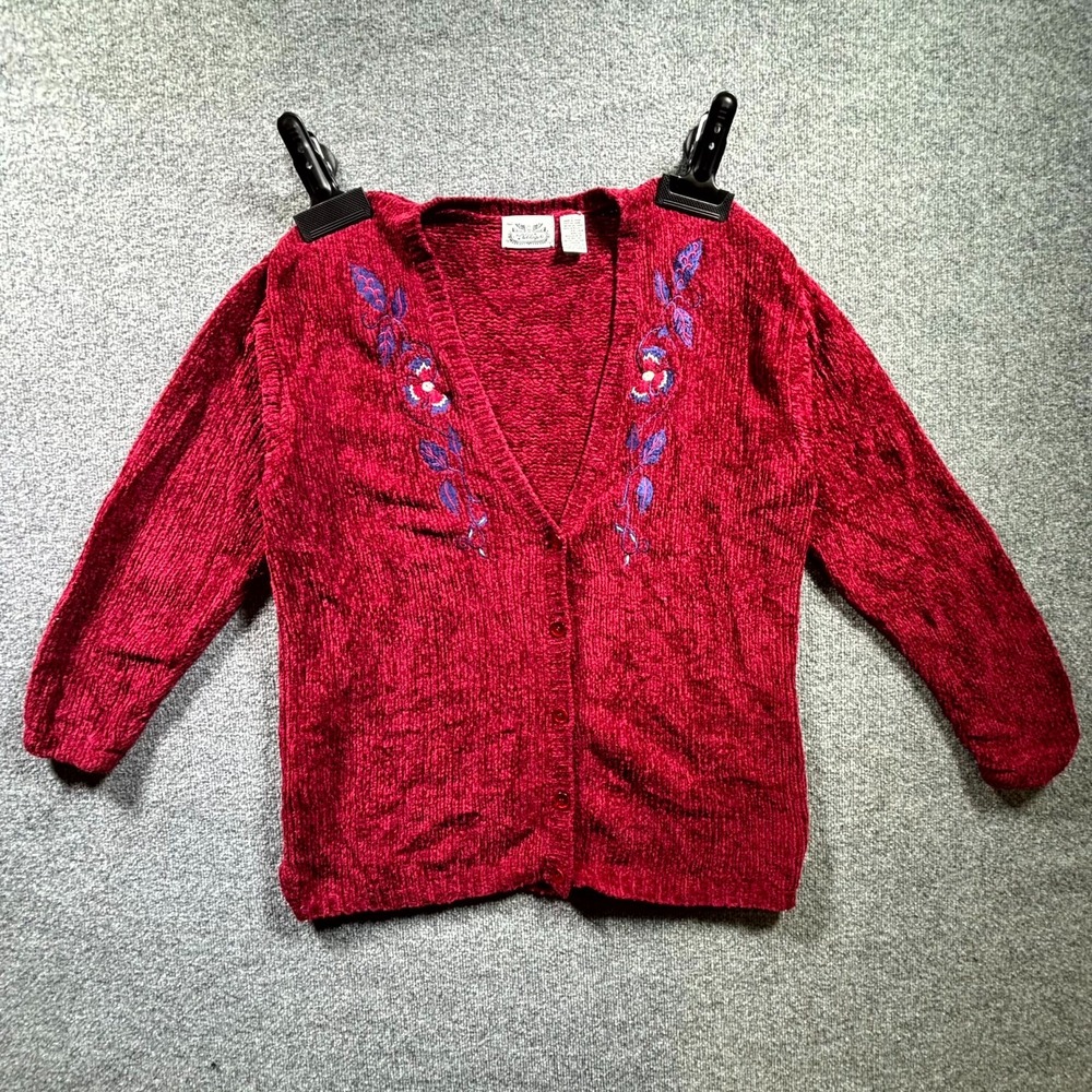 VTG The Villager Chenille Cardigan Sweater Women's Large Red Floral Embroidered